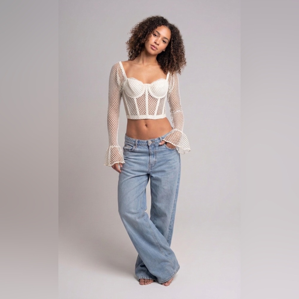 White Fishnet Mesh Boustier with Long Bell Sleeves Y2K Open Back